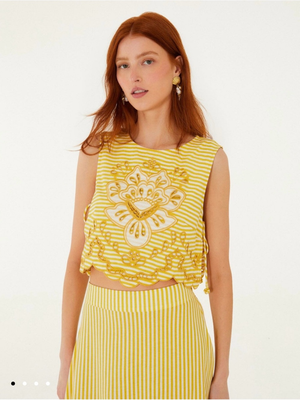 Farm Rio Yellow Stripes Richelieu Embroidered Crop Top - NWT